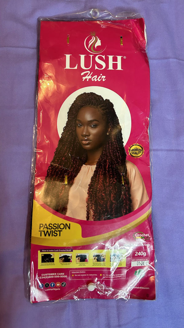 Front view of a pack of lush hair passion twist extension