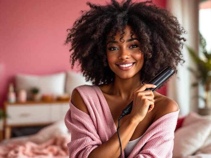 Image of a black lady holding a hair straightener