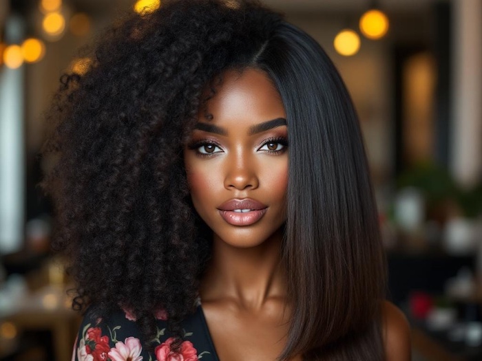 Image of a black lady with partly straightened afro hair